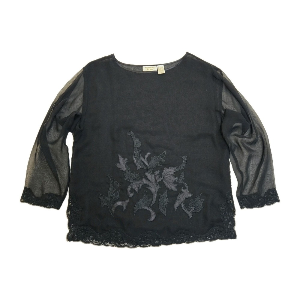 Vintage Victorias Secret Black Sheer Floral Embroidered Lace Trim Blouse Top L
